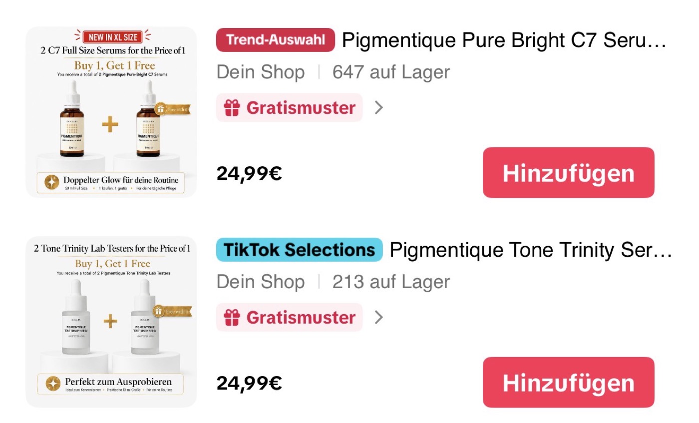 TikTok-Shop-Screenshot: Produkte mit Trend-Auswahl- und TikTok-Selections-Badge